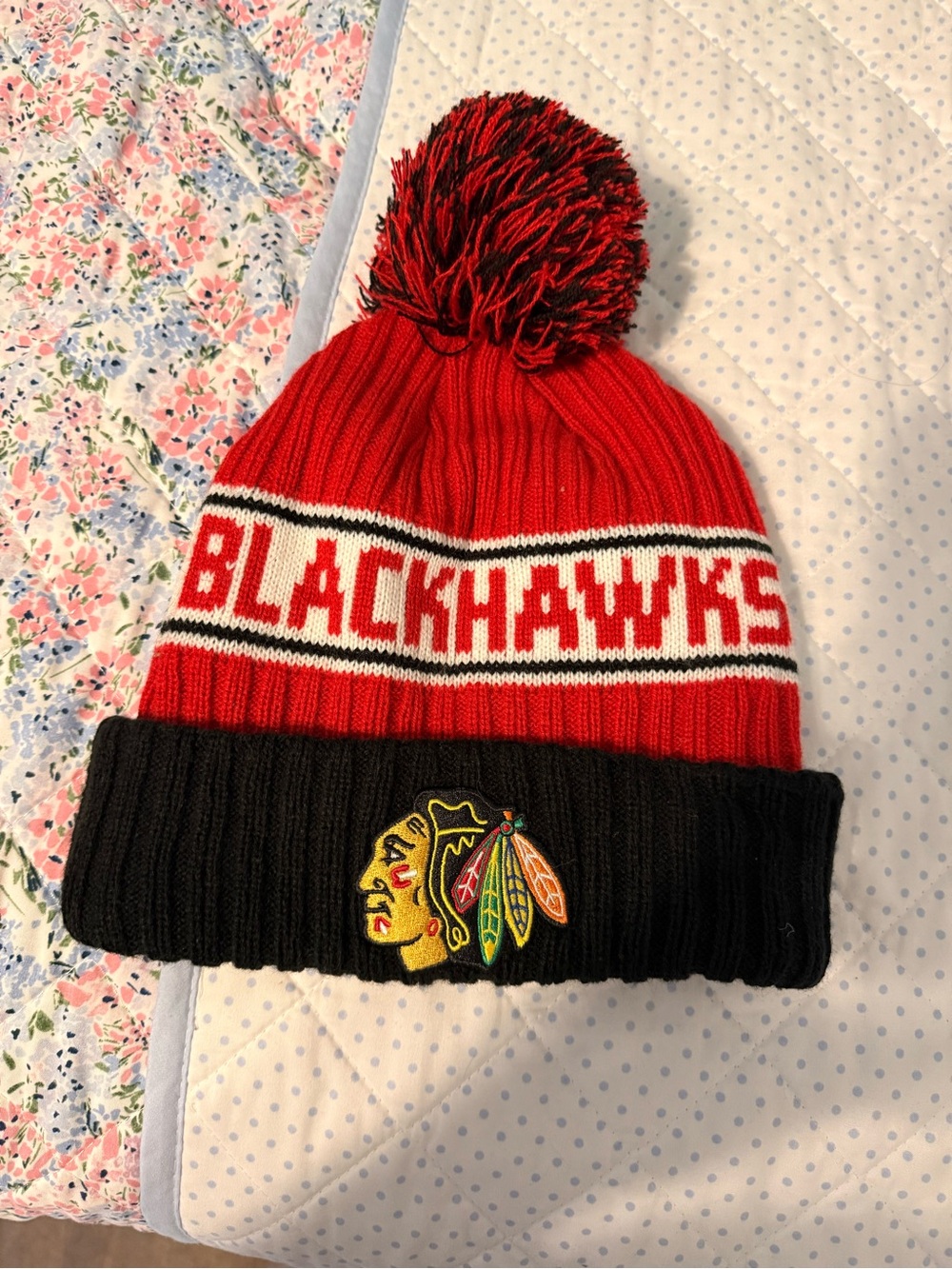 Adult Blackhawk’s Pom Beanie - Red & Black